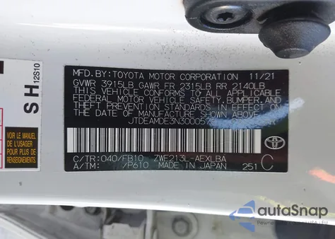2022 Toyota Corolla Hybrid Le z USA, uszkodzony, nr VIN JTDEAMDE3N3000578